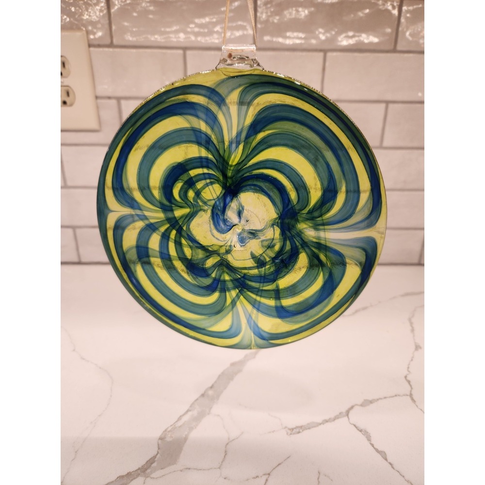 Hand Blown Art Glass Ornament Sun Catcher Orb Disk Swirled Blue‎ Green & Yellow